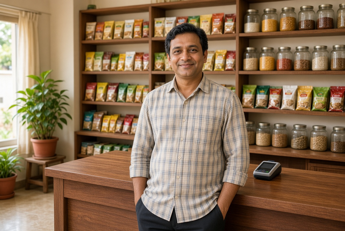 Shop owner in a tidy Indian store